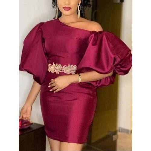 Women Dress Bodycon Party Sexy Diagonal Collar Black Big Lantern Sleeve Elegant Event Lady African Autumn Night Out Female Robes