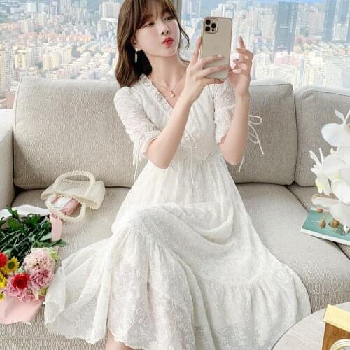 Women Dresses Summer 2021new French Embroidery Lace-Up Dress Gentle And Thin Fairy One Piece Dress Korean White Ruffle Robe