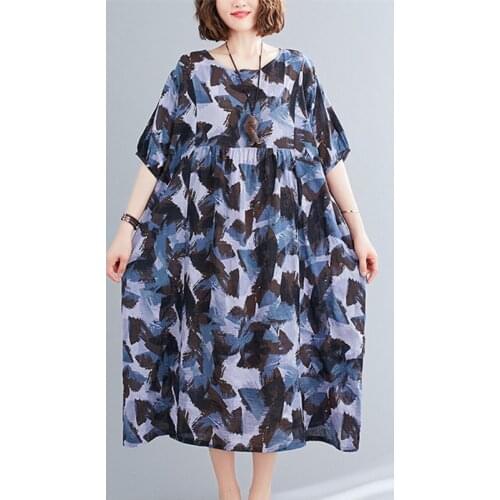 2021 New Arrival Short Sleeve Loose Summer Dress print Cotton Linen Vintage Dress Plus Size 5XL Female Beach Casual Midi Dress