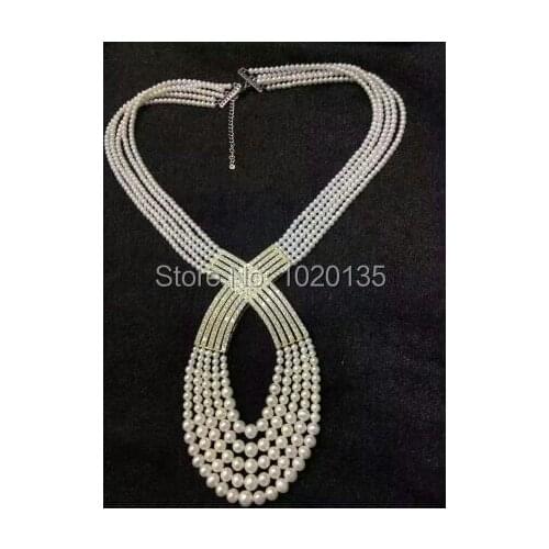 4rows freshwater pearl white near round 6-8mm unique necklace 21inch nature FPPJ beads