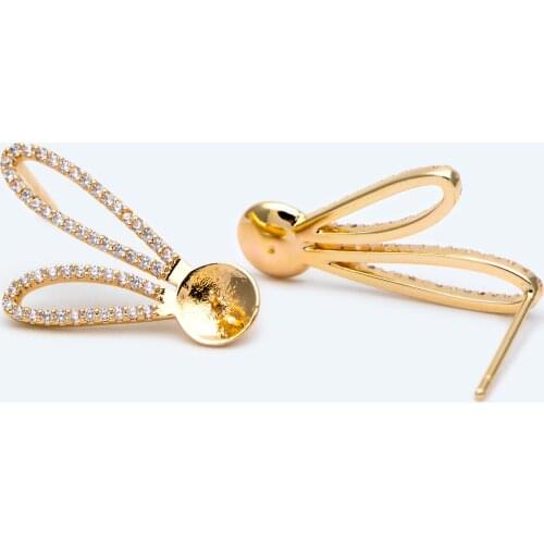 4pcs CZ Paved Rabbit Ear Posts, Bunny Stud Earrings, Pearl Peg Earring Mounts, Half Drilled Pearl Earring Settings (#GB-1776)