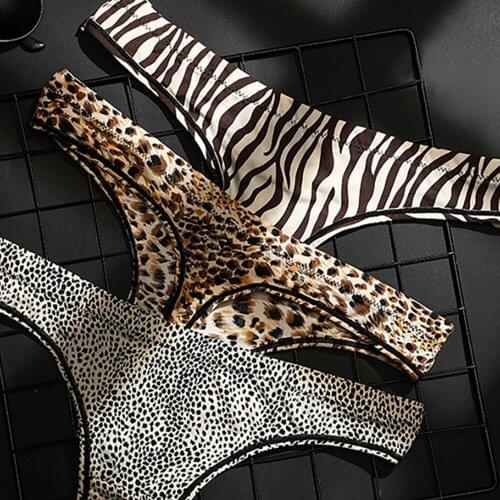 New European American Womens Leopard Underwear Sexy Transparent Ice Silk Low Waist One Piece Seamless Ladies Briefs Thongs