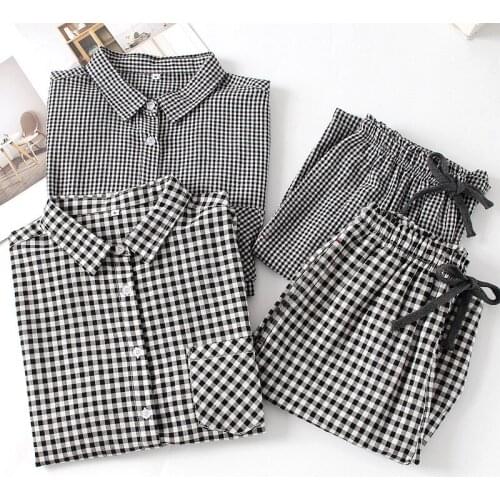 New Short-sleeved Shorts Suit Plaid Pajamas Ladies Summer Washed Cotton Air-conditioned Room Pant Suits Pijama Corto Mujer