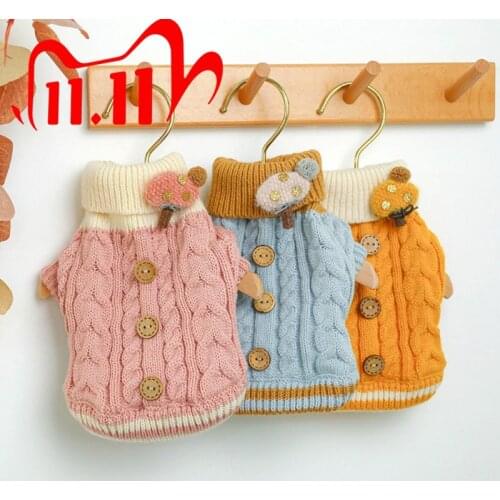 Pet Autumn Winter Sweater with Hemp Flowers Buttons Comfortable Warm Turtle Neck Design Protection Pet Neck Dog Coat Clothes