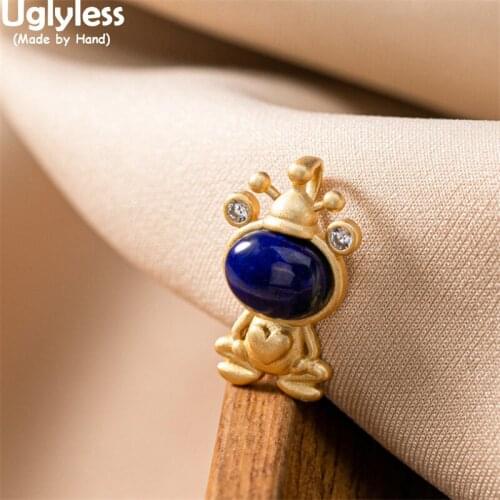 Uglyless Wake up with a kiss Prince Frog Pendants for Women Natural Lapis Necklaces No Chain Gold Animals Frogs 925 Silver Jewel