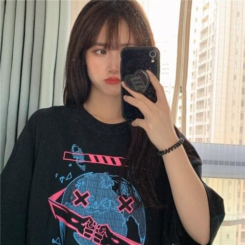 Harajuku Shirt Graffiti Planet Kawaii T-Shirt For Girls Sweet Casual Korean Clothes Emo Aesthetic Women Oversized Summer Dress