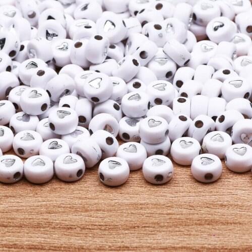 Silvery Heart Acrylic Round Beads 4x7mm White Letter Spacer Beads For Jewelry Making Diy Charm Necklace Bracelet Accessories
