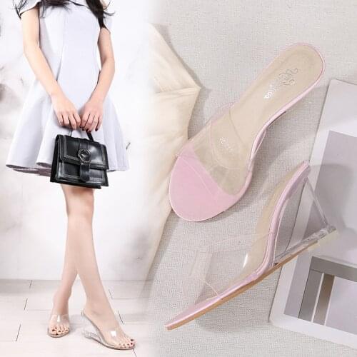 Wedge Women Slippers PVC Transparent Sandals Ladies Shoes Summer Sexy Crystal High-Heeled 8CM Female Slippers Beach Lazy Shoes