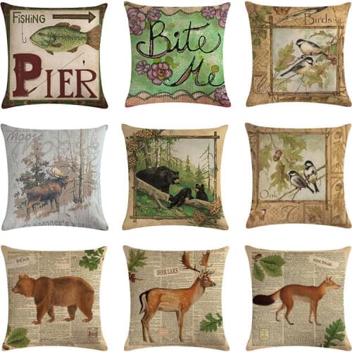 Vintage Animals Pillowcase Deer Elk Bear Fox Cushion Covers Letter Wildlife Nordic Mountain Cotton Linen Bird Fish Pillow Cover