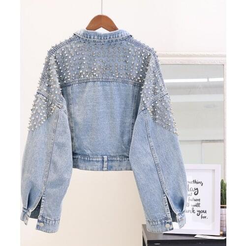 European Vintage Short Jeans Jacket Coat Woman 2019 Autumn Heavy Rivet Loose Bat Sleeve Denim Jackets Womens Casual Outerwear