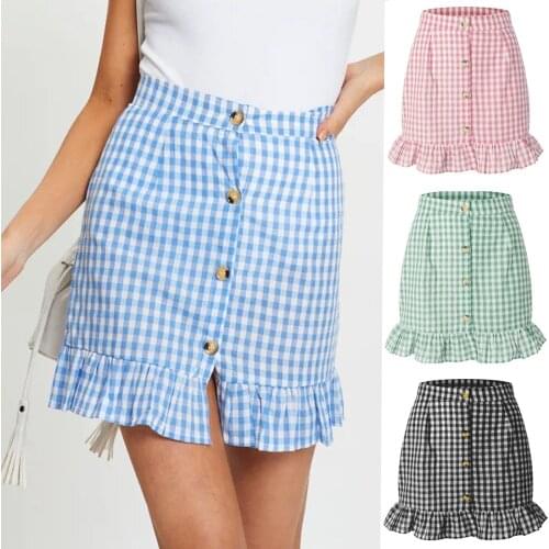 Women Fashion High Waist Sexy Plaid skirt Mini Ruffle Skirt Slim Short Buttonholes Straight Skirt female skirt Jupe