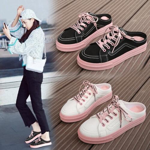 2021 Spring and Summer Fashion Canvas Women Shoes Womens Lace-up Casual Shoes Without Heel Half Support One Pedal Lazy Shoes