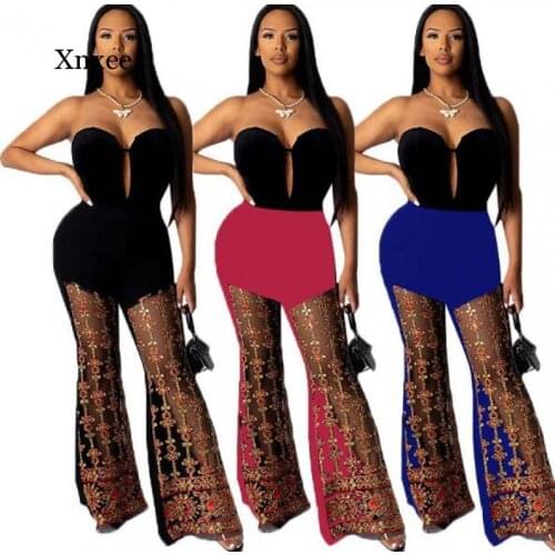 Flared Legs Pants Women Transparent Embroidery Gold Summer Sexy Night Party Trousers Clothing