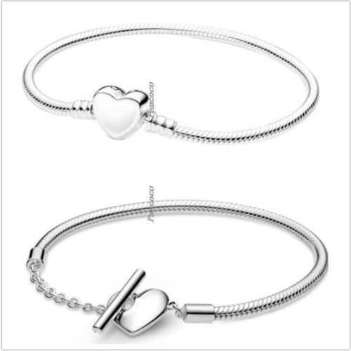 Original 925 Sterling Silver Bracelet Moments Heart T-bar Snake Chain Bracelet For Women Diy Fashion Jewelry