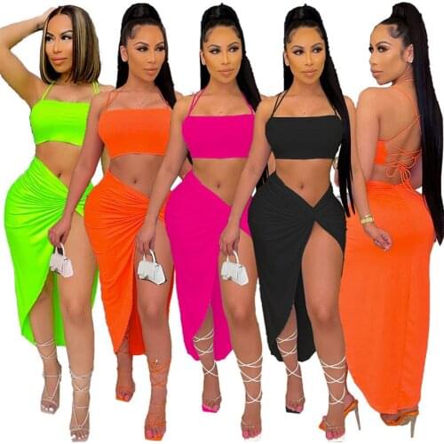 2021 Summer Solid Two Piece Dress Suits Spaghetti Strap Cross Bandage Crop Top & High Split Maxi Skirt Set Nightclub Party Wea