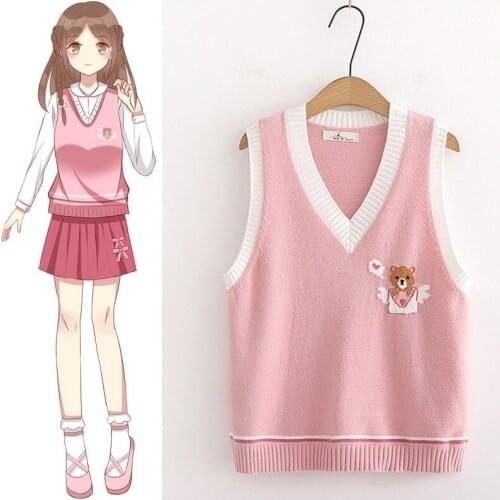 Pink Kawaii Bear Sweater Vest Women Knitted Cute Sleeveless Sweaters Pullovers 2021 Winter V-Neck Sweet Style Jumpers Ladies Top