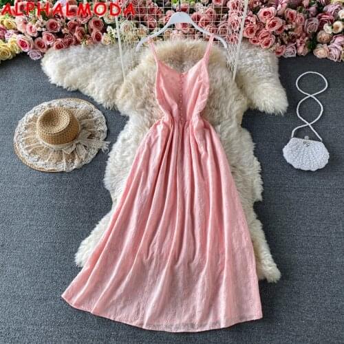 ALPHALMODA 2021 Summer New Button Details High Waist Mid-calf Women Trendy Beach Dress Solid Color Chic Holiday Dress
