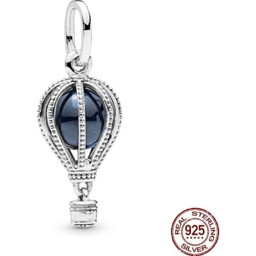 100% 925 Sterling Silver Beads Blue Hot Air Balloon Travel Charms Pendant fit Original Pans Bracelets Women DIY Jewelry