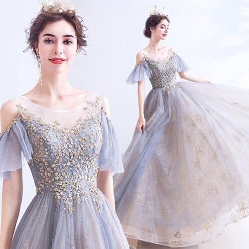 2021 Brilliant Golden Pearl Fairy Moon Ball Gown Gray Blue Banquet Annual Meeting Performance Host Wedding Evening Dress A016