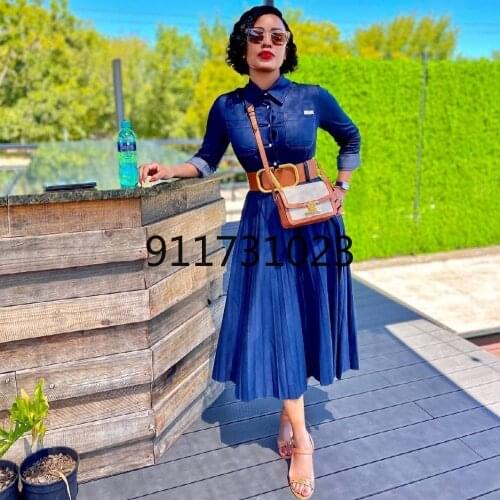 Dashiki African Dresses For Women Sexy Fashion Long Sleeve Bodycon Denim Midi Dress Vestidos 2021 Hole Ripped Jeans Dress