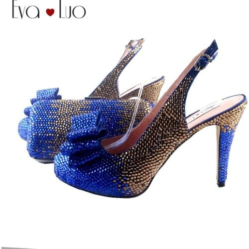 BS938 DHL Custom Made Royal Blue Gold Crystal Bow Shoes with Matching Bags Set Slingbacks Dress Pumps Women Bridal wedding Shoes