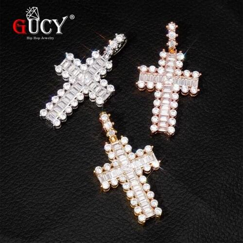 CUCY Men Women Baguette Paved Cross Pendant Copper Material Iced CZ Cross Pendants Necklace Chain Hip Hop Jewelry