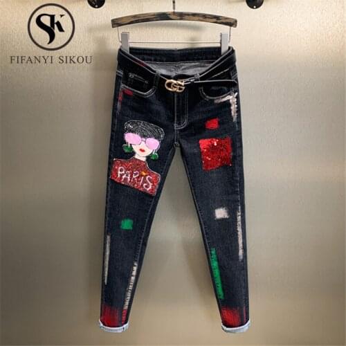 Jeans for women Streetwear Fashion Sequins High waist Black Jeans Lady Loose Plus Size Washed Jeans Spring Denim Pencil Pants