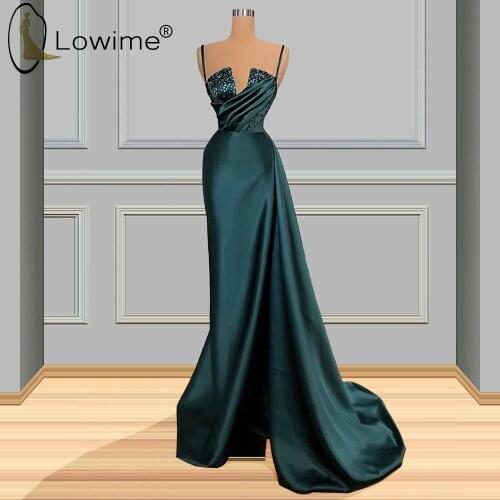Emerald Green Spaghetti Evening Dresses Crystal Ruched Satin Mermaid Evening Gowns Vestidos De Soiree