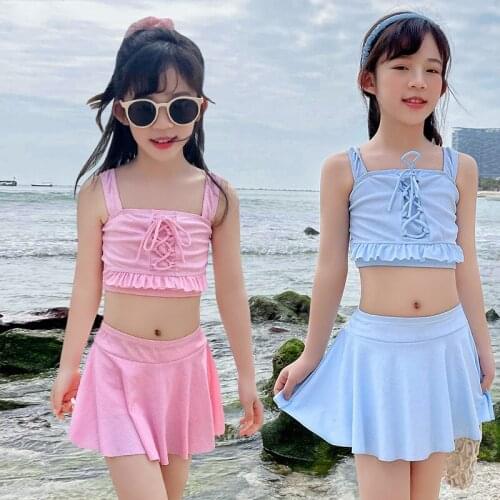 4-7Y Girls Pink Swimsuit Two-pieces Swimwear Kids Sleeveless Summer Bikini Childrens Bathing suit Child Split Skirt Beachwear