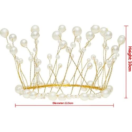 Metal Pearl Princess Crown Cake Topper Shiny Artificial Pearls Headdress Wedding&Engagement Cake Decora Birthday Topper Handmade