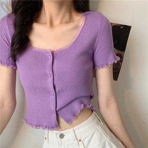 Fashion Girl Summer Knitted Shirt Slim Short Cropped Cardigan Women Summer Tops Short Sleeve V-neck Blouse
