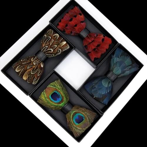 Mens Natural Feather Handmade Bow Tie Pu Double Leather Bowtie Wedding Jewelry Personalized Fashion Nightclub Accessories