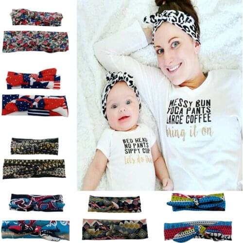 NASHAKAITE 2pcs Headbands Hair Accessories For Women Baby Girls Boho Mom daughter Stretch Printed Bowknot Headband Family Look