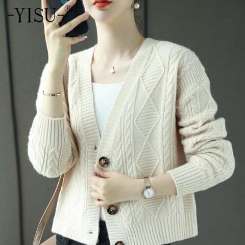 YISU 2021 New Women Spring Autumn Sweater Cardigan V-Neck Solid color Short Coat Female Casual Knitted Cardigan Women clothing