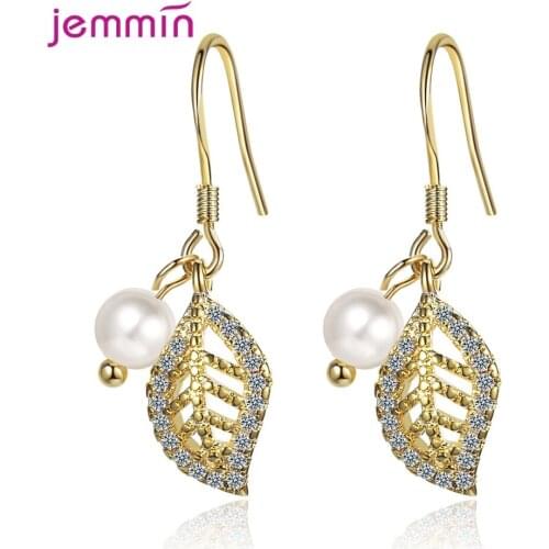 Elegant 925 Sterling Silver Crystal Dangle Earrings Women Fashion White Pearl Leaf Bridal Wedding Dress Jewelry Pendientes