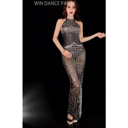 Audrey Hepburn Dance Costume Sparkly Rhinestones Stretch Mesh Sexy Dress Women Birthday Party Celebrate Dresses Nightclub Crysta