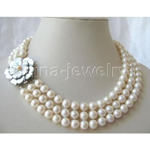 P3398- AAA 3row 17-19" 9mm natural white round freshwater pearl necklace>>> free shipping