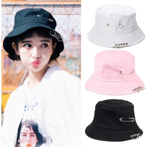 Unisex Harajuku Punk Cotton Bucket Hat Metal Pin O-Rings Hip Hop Fisherman Cap 28GD