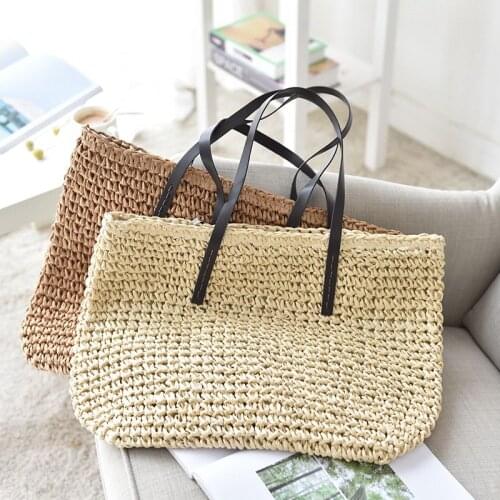 Women Handbag Summer Beach Bag Rattan Woven Handmade Knitted Straw Large Capacity Totes Leather Women Shoulder Bag KL1084
