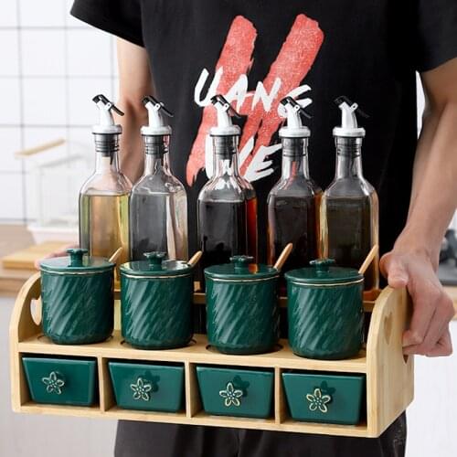 Latest Top Nordic Simple Emerald Ceramic Sugar Salt Seasoning Pot Glass Bottle Combination Set seasoning jars Sauce bottle