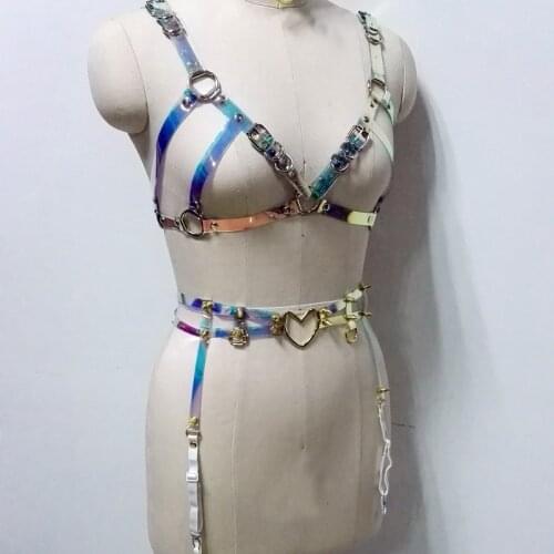 100% Handmade Spiked Waist Garter Belt with 4 Suspender Straps Punk Gothic Holographic PVC Choker Bra Top Rainbow Harness Belts