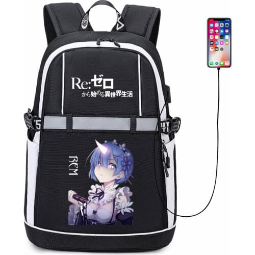 Re:Life in a different world from zero Backpack Pack Rem Anime USB Bags Oxford Reflective Stripe Schoolbag Travel Bags