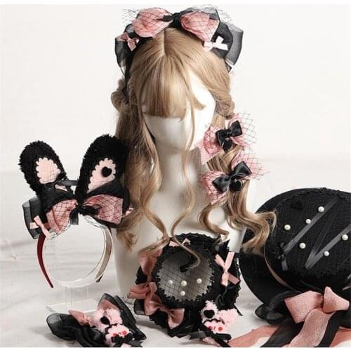 Gothic Black Pink Hat Lolita Maid Hairpin Bowknot Rabbit Ear KC Cosplay Girl Side Clip Hair Accessories B1726