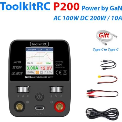 ToolkitRC P200 GaN Power Supply AC100W DC 200W Max 10A Output With TypeC 65W Output Fast Charging for iphone Sumsung