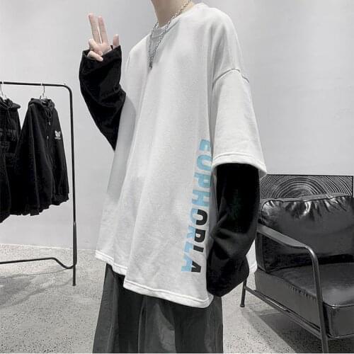 Spring Tshirt Hong Kong style fake two-piece long-sleeved T-shirt male 2021 Korean loose wild couple student trendy casual