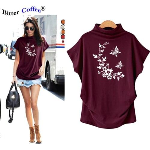 Summer NEW Women Casual Turtleneck Short Sleeve Cotton girl butterfly flowers printing Casual Top Shirt female Plus Size