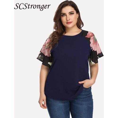 Scstronger Summer Lady Plus Size Tshirt Polyester Printing Stitching Loose Temperament Commuter Round Neck Top Blusas y Camisas