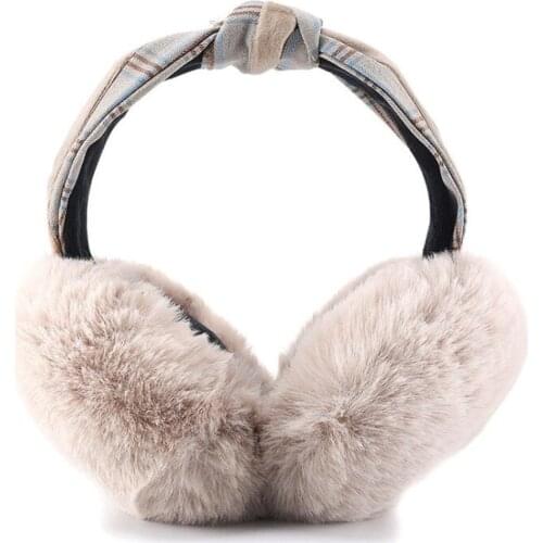 Women Solid Faux Fur Earmuff with Plaid Tweed Bow Band Ladies Girls Soft Thick Fur Ear Muffs Female Warm Winter Headband Hat