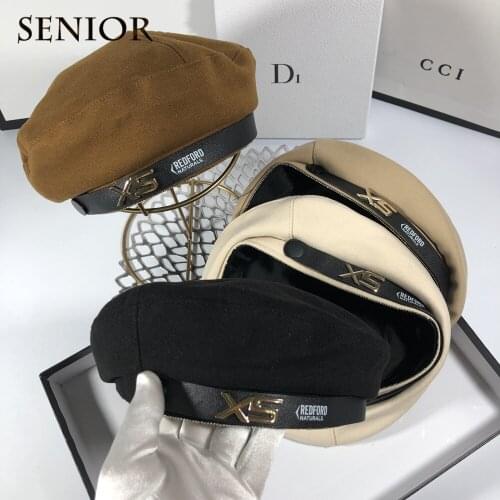 Japanese Fashion Leather Buckle Letters Womens Beret Street Fashion Ins Flat Top Artist Hat Autumn New All-match Beret Women
