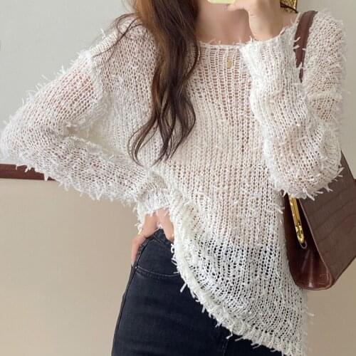 Korean Chic Autumn Gentle Wind Fringed Fringe Design Sense Back Tie Long-Sleeved Hollow Knit Sweater Top Women